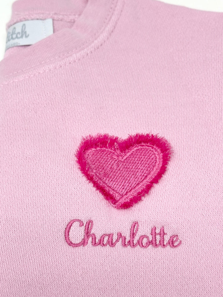 Custom Embroidered Fringe 3D Heart Sweatshirt, Pink Stitchmonograms