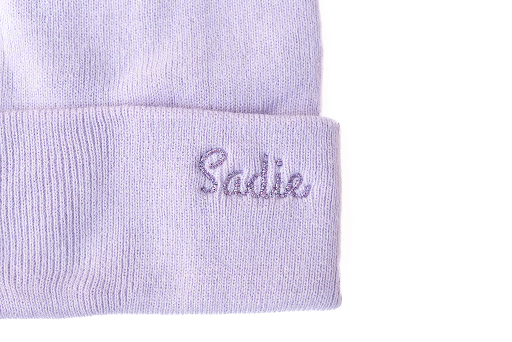 Custom Embroidered Beanie with Glitter, Lilac  Stitchmonograms   